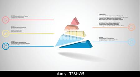 3D-Illustration Infografik Vorlage. Die geprägte Dreieck wird nach dem Zufallsprinzip in fünf geteilt Farbe Teile verschoben. Objekt ist auf Grau Weiß backgrou angeordnet Stock Vektor