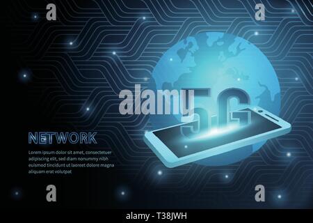 5G-Technologie Mobiltelefon globale Erde Geometrie cross Frame line Vektor futuristische Abbildung Vorlage Hintergrund mit leuchtenden Punkt. Konzept der Kabel Stock Vektor
