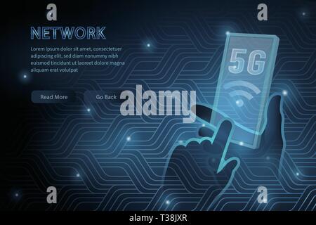 5G-Technologien transparente Handy Geometrie cross Frame line Vektor futuristische Abbildung Vorlage Hintergrund mit leuchtenden Punkt. Konzept von Mobilfunkdiensten Stock Vektor