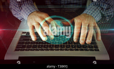 Man tippt auf Laptop Tastatur mit Kopf Symbol auf Hologramm angezeigt. Soziale Medien, Privatsphäre im Cyberspace, Profiling, annonymouse Konzept Animation. Busi Stockfoto