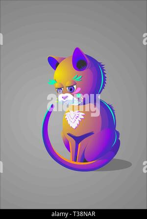 Vector Illustration von bunten ziemlich traurige Katze sitzt auf dem Boden Es hat purple orange Ende mehrere andere Farben. auf einem grauen Hintergrund isoliert Stock Vektor