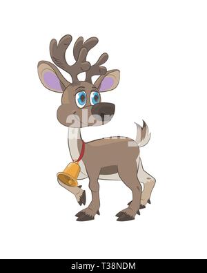 Süße kleine Rehe für Weihnachten und Neujahr. Es ist auf einem weißen Hintergrund. Es hat eine goldene Glocke. Es hat eine braune Farbe und den blauen Augen Stock Vektor