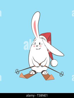 Vector Illustration cute Cartoon weisser Hase ist das Licht isoliert - blauer Hintergrund hat es Ski und Es ist das Tragen einer Mütze. Stock Vektor