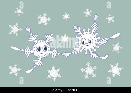 Ein niedliches Paar cartoon Schneeflocken auf einem einfachen Hintergrund isoliert. Die Abbildung wurde eine Reihe von Schneeflocken. Artwork für Winter Urlaub. Stock Vektor