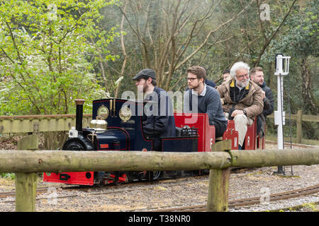 Familien genießen den Fahrten auf der Miniatur Dampfzüge und Eisenbahn in Frimley Lodge Park, Frimley, Surrey, Großbritannien Stockfoto