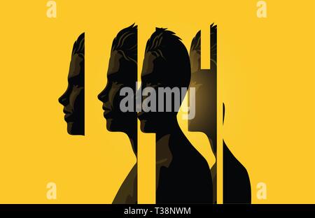 Ein männlicher Kopf aufgeteilt in Abschnitte. Menschliche Geist und Psychologie Vector Illustration. Stock Vektor