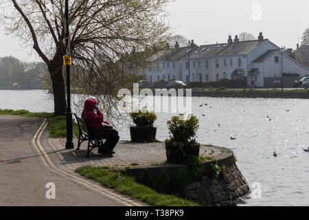Ältere Paare setzte sich auf eine Holzbank mit Blick auf das Wasser Stockfoto