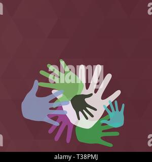 Farbe Hand Marken in verschiedenen Größen überlappend für Teamarbeit und Kreativität Copy Space Design Leere Vorlage für Werbung, Promotion, Poster, Flyer, wir Stock Vektor