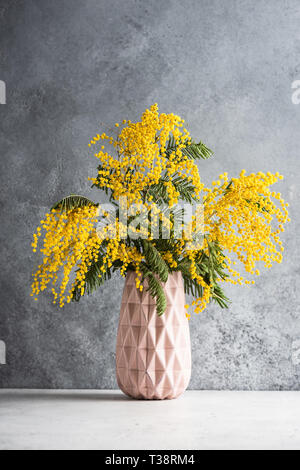 Yellow Mimosa Blumen Blumenstrauß in Vase auf konkreten Hintergrund. Blumen Still Life Stockfoto