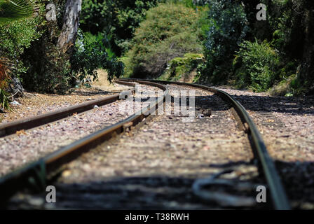 Eisenbahnschienen aus Geschwungenen in die Ferne. Stockfoto