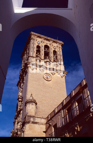 Glockenturm, Iglesia de Santa Maria, Arcos de la Frontera, Spanien Stockfoto