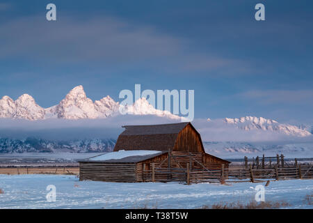 Die molton Scheune stand vor der Teton Mountains an einem nebligen und kalten Wintermorgen. Der Grand Teton National Park, Wyoming Stockfoto