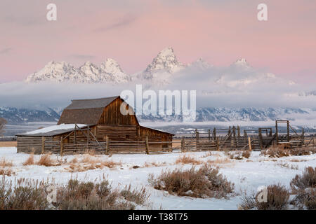 Die molton Scheune stand unter Nebel heben von Teton Mountains an einem kalten Wintermorgen in der Morgendämmerung. Der Grand Teton National Park, Wyoming Stockfoto