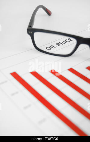 Red Oil Price Chart mit Brille Stockfoto