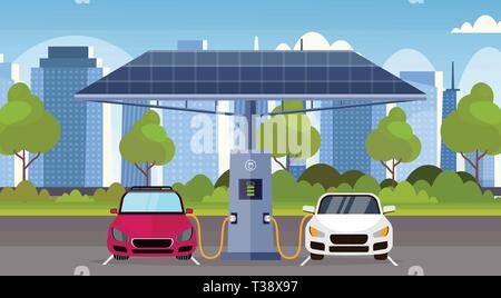 Elektrische Autos Aufladen auf elektrische Ladung station mit Sonnenkollektoren erneuerbare und umweltfreundliche Verkehr Umwelt Care Concept flache moderne Stadtbild Stock Vektor