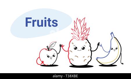 Süße Banane Apfel und Ananas cartoon Comic halten sich an den Händen glücklich lächelnde Gesichter emoji kawaii Hand gezeichneten Stil frisches Obst gesundes Essen con Stock Vektor