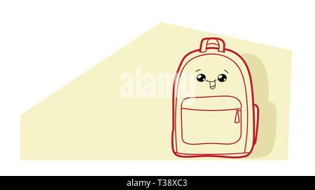 Cute Rucksack cartoon comic Charakter mit lächelnden Gesicht glücklich Emoji kawaii Hand gezeichnet style Schulranzen mit Zubehör zurück zu Schule Konzept horizontal Stock Vektor