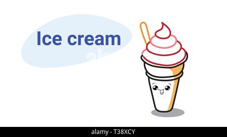 Cute ice cream Cartoon comic Charakter mit lächelnden Gesicht lecker Eis glücklich Emoji kawaii Hand gezeichnet süßes Dessert essen Konzept horizontale vect Stock Vektor