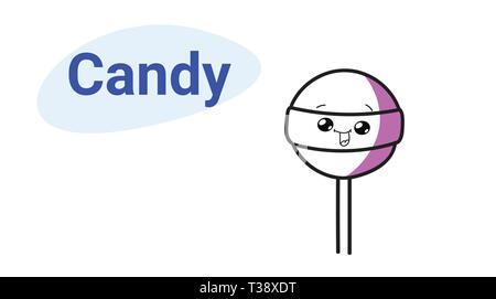 Cute lollipop Candy auf stick Cartoon comic Charakter mit lächelnden Gesicht glücklich Emoji kawaii Hand gezeichnet süßes Karamell Dessert essen Konzept Horizont Stock Vektor