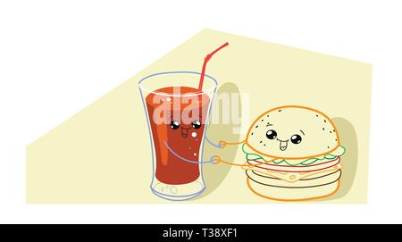 Cute Hamburger mit Tomatensaft cartoon Comic lächelnde Gesichter leckeres Fastfood glücklich Emoji kawaii Hand gezeichneten Stil klassische amerikanische Fast Food Stock Vektor