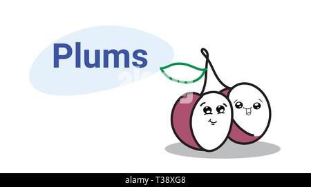 Süße Pflaumen cartoon Comic mit einem Lächeln glücklich Emoji kawaii Hand gezeichneten Stil frisches Obst gesunde Ernährung Konzept horizontale Vektor illustr Stock Vektor