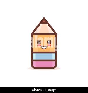 Cute Holz bleistift Radierer aus Kautschuk cartoon comic Charakter mit lächelnden Gesicht glücklich Emoji kawaii Stil zurück zu Schule Konzept Vector Illustration Stock Vektor