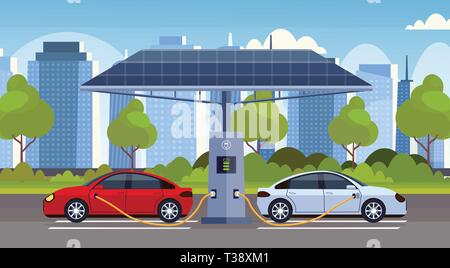 Elektrische Autos Aufladen auf elektrische Ladung station mit Sonnenkollektoren erneuerbare und umweltfreundliche Verkehr Umwelt Care Concept flache moderne Stadtbild Stock Vektor