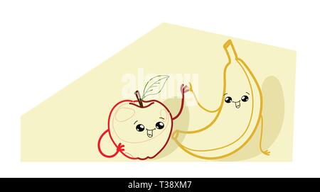 Niedliche gelbe Banane mit Apfel cartoon Comic glücklich lächelnde Gesichter emoji kawaii Hand gezeichneten Stil frisches Obst gesunde Ernährung Konzept Horizont Stock Vektor