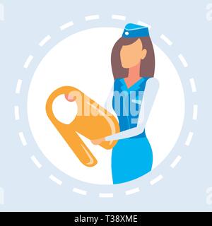 Stewardess, wie Schwimmweste Flugzeug attendant Sicherheitskonzept Flugzeug board weiblichen Arbeiter in Uniform portrait Flachbild Vector Illustration zu verwenden Stock Vektor