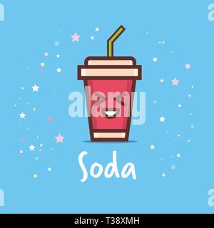 Süße Tasse soda Cartoon comic Charakter mit lächelnden Gesicht glücklich Emoji kawaii Stil frischen Drink Konzept Vector Illustration Stock Vektor