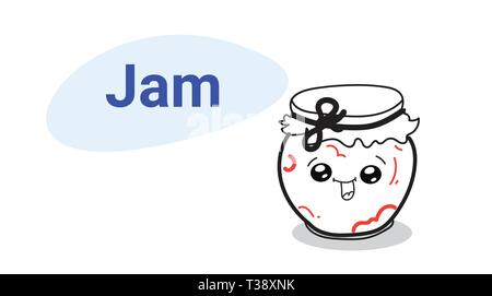 Süße Früchte Marmeladenglas cartoon comic Charakter mit lächelnden Gesicht glücklich Emoji kawaii Hand gezeichneten Stil hausgemachte Bioprodukte Konzept horizontale Vektor illu Stock Vektor