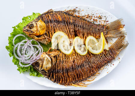 Gegrillter karpfen fisch auf dem weißen Teller über Weiß Stockfoto