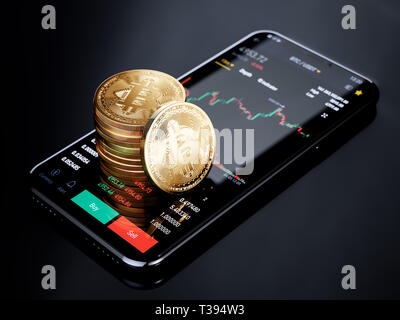 Cryptocurrency exchange mobile trading Bitcoin. Mit bitcoins goldenen Münzen Smartphone stack und Exchange Trading graph. 3D Rendering illustration Stockfoto