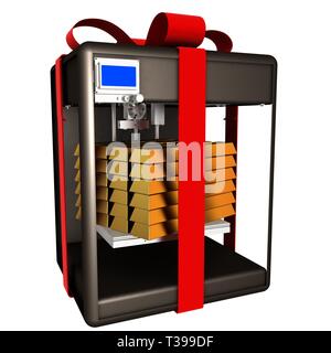 Gold aus dem 3D-Drucker. Fantastische Technologien für die großen Ferien. Die Produkte der innovativen Materialien. 3D-Darstellung Stockfoto