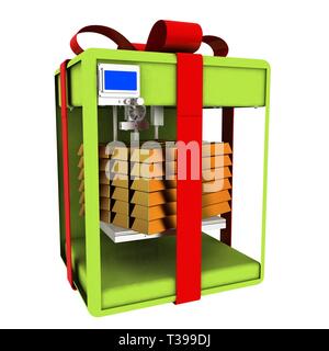 Gold aus dem 3D-Drucker. Fantastische Technologien für die großen Ferien. Die Produkte der innovativen Materialien. 3D-Darstellung Stockfoto
