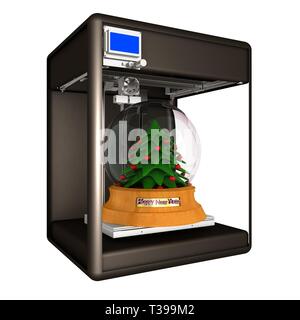 3d-Drucker während der Arbeit auf dem Weihnachtsbaum. 3D-Darstellung Stockfoto