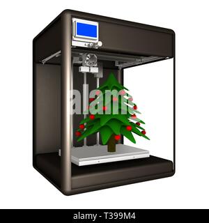 3d-Drucker während der Arbeit auf dem Weihnachtsbaum. 3D-Darstellung Stockfoto