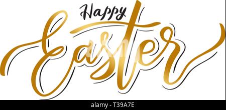 Frohe Ostern gold Schriftzug. Hand Kalligraphie Inschrift mit 'Frohe Ostern' Text geschrieben. Ostern Bürste Schriftzug in Schwarz und Gold Farbe, Umriss fo Stock Vektor