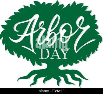 Die Worte von Arbor Day" in einen Baum. Hand - Schreiben, Schrift, Typografie, Kalligrafie. Eine Farbe dunkelgrün, mit hellgrauen Schatten. Für Poster, Banner, Karte. Stock Vektor