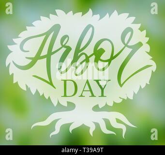 Die Worte von Arbor Day" in einen Baum. Hand - Schreiben, Schrift, Typografie, Kalligrafie. Eine Farbe dunkelgrün, mit hellgrauen Schatten. Für Poster, Banner, Karte. Stock Vektor