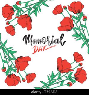 Memorial Day Typografie, Schrift, Kalligraphie in roter Mohn Blume Rahmen. Grußkarte, Poster, Banner, Flyer, Einladung in retro Farben. Vect Stock Vektor