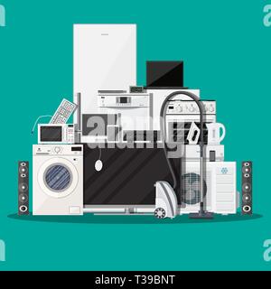 Haushaltsgeräte und elektronische Geräte auf grünem Hintergrund. Vector Illustration im flachen Stil Stock Vektor