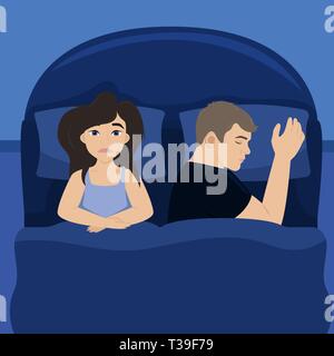 Die Frau im Bett mit ihrem Ehemann. Schlaflosigkeit. Müde Mädchen. Vector Illustration. Stock Vektor