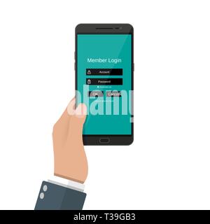 In der Seite im Account Managment der Bildschirm des Smartphones unterzeichnen. Sicher,, Website, Cloud Drive anmelden. Vector Illustration in flacher Bauweise Stock Vektor