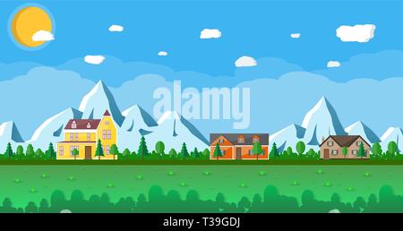 Kleines Dorf Landschaft. Holzhäuser in den Bergen zwischen den Bäumen. blauer Himmel mit Sonne und Wolken. Vector Illustration im flachen Stil Stock Vektor
