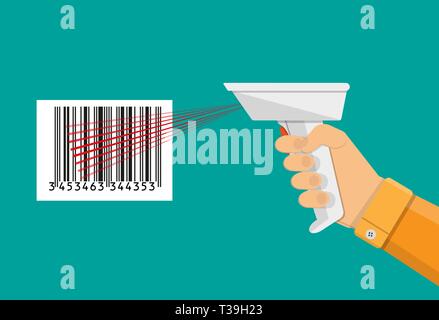 Hand Barcode Scanner. Vector Illustration im flachen Design auf grünem Hintergrund Stock Vektor