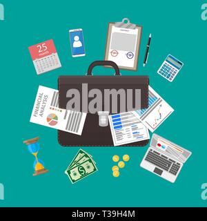 Leder Aktentasche und Business, Management oder Finance Workflow. Vector Illustration im flachen Stil Stock Vektor