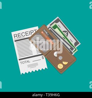 Eingang, Geld Bargeld mit Dollar Banknoten und Münzen im Portemonnaie, Credit Debit bank Karten innerhalb von Leder Geldbörse. Vector Illustration in flacher Bauweise Stock Vektor
