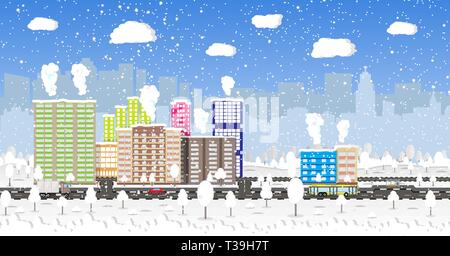Schönen winter Stadt mit Park Alley, Büro- und Wohnungsbau Gebäude, Straßen, Bäume. Auto. Fzg. Bus, fallende Schneeflocken. Himmel. Weihnachten und neues Jahr Stock Vektor