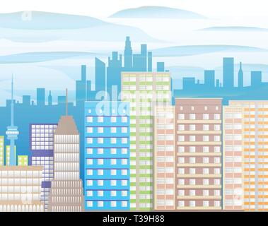 Die moderne Stadt. Stadtbild mit Büro- und Wohnungsbau Gebäude, Wolken. Vector Illustration im flachen Stil Stock Vektor